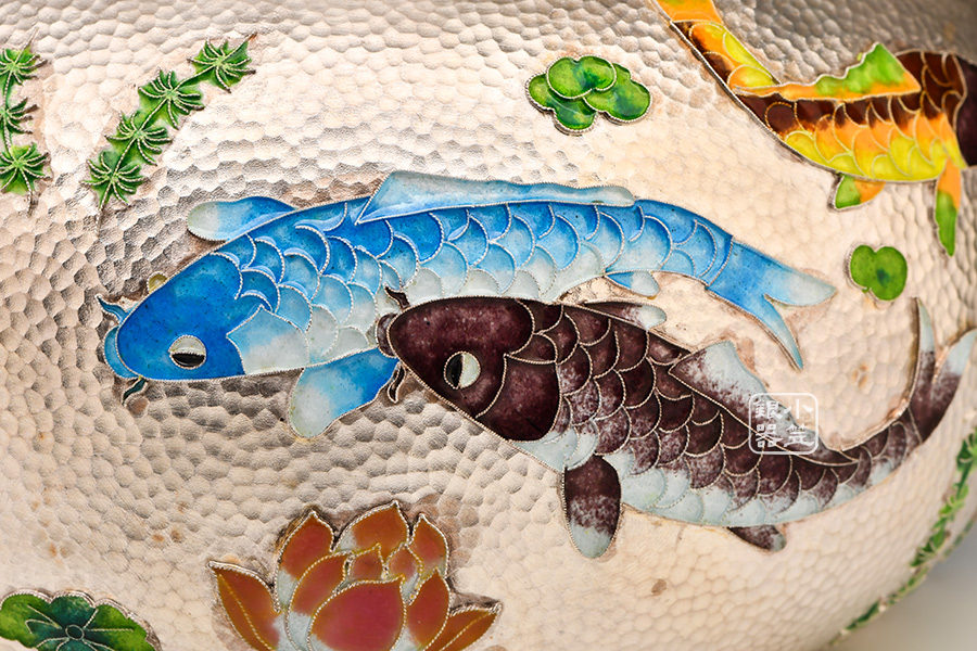 小笠银器纯银年年有鱼提梁烧水壶珐琅彩