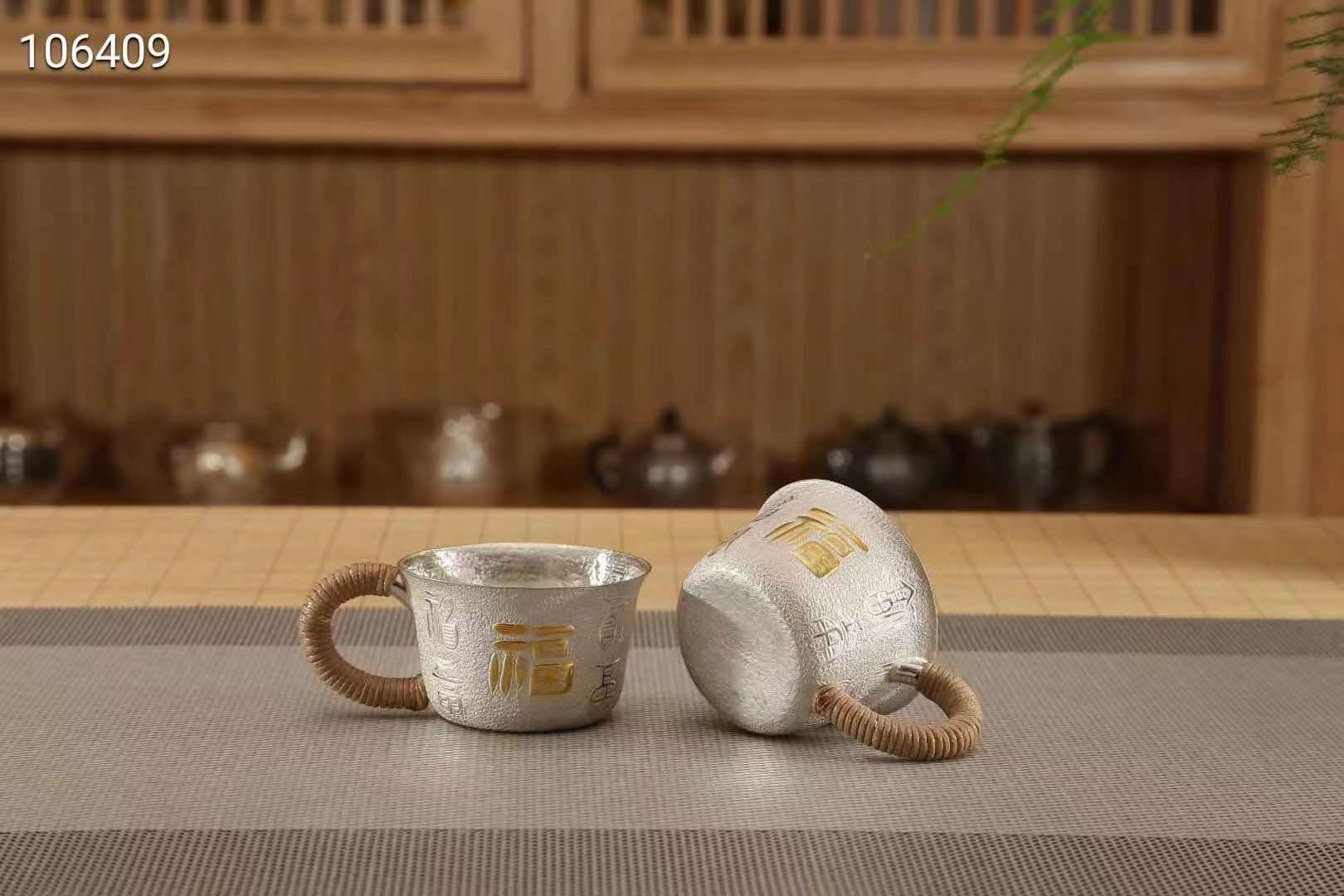 纯银镀金百福茶杯