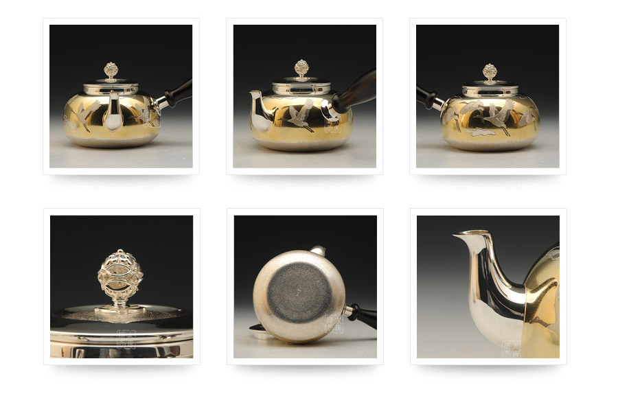 100%日本堂口直供【雕金仙鹤横手急须】 | 日本著名【大渊银器】作品