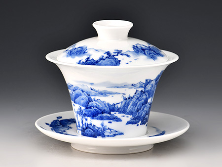 青花山水盖碗