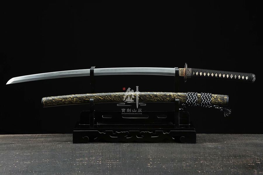 三色铜 海浪刀盘 黄色大漆武士刀