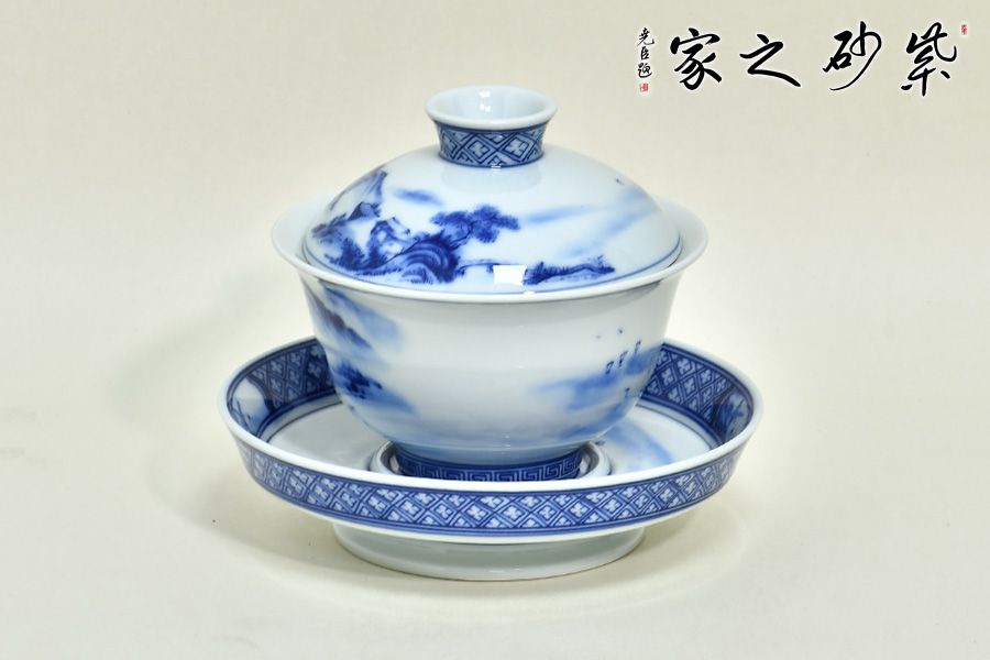 高档作品【青花山水大底盖碗】|名家茶道作品_作品库_紫砂之家