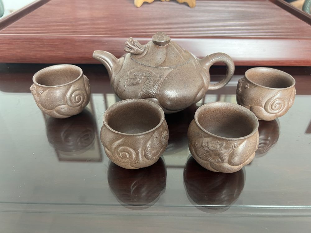 クラシック 茶道具 時代物 ▽鴻▽後手急須 描金龍紋紫砂茶壺 骨董品