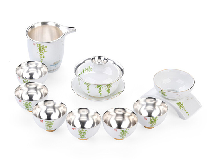 固德玉瓷鎏银盖碗茶杯大号家用手绘品茗杯茶漏功夫茶具套装玉瓷鎏银手绘茶具套装-春绿盖碗