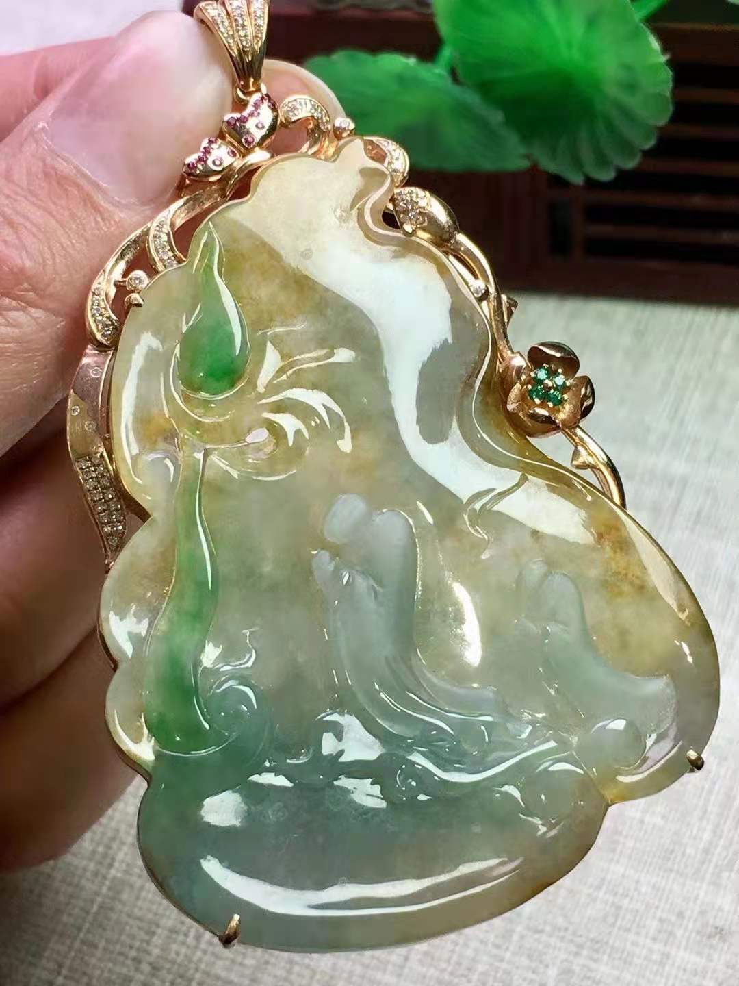 18k金镶冰种黄加绿花悟道