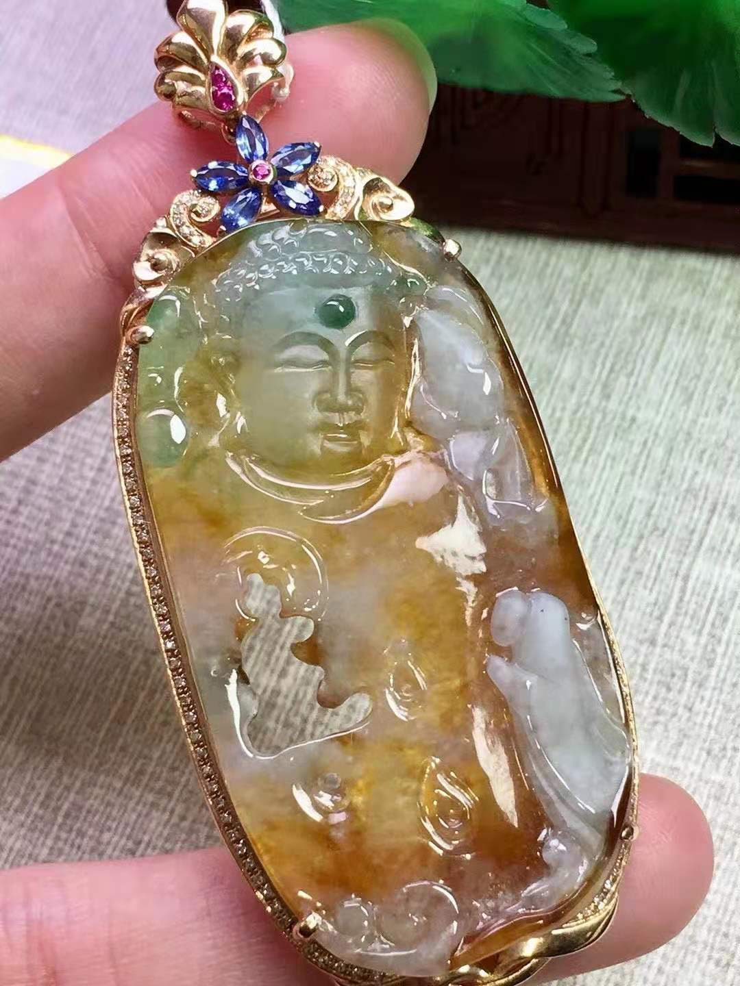 18k金镶冰种黄加绿花悟道